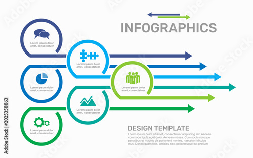 Modern business infographic design template with circles, horizontal arrows, icons, and text blocks. Vector illustration.