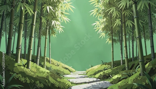 緑深い竹林の小道、幻想的な光景