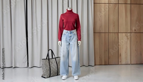 女性用タートルネックとジーンズのファッションセット