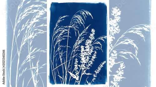 Blue cyanotype print of wild meadow grass and dried flowers
