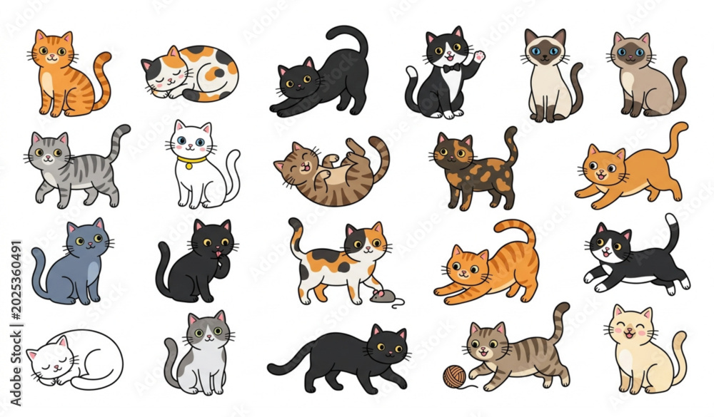 Fototapeta premium Cute Cat Collection Vector Illustration with Various Breeds, Colors, Gestures, Expressions, Poses, and Playful Kitten Designs