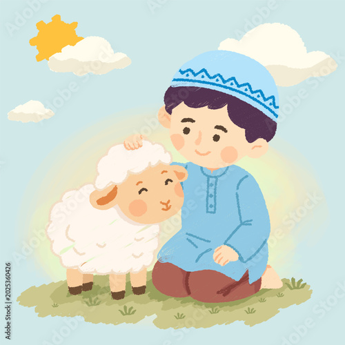 Cute Muslim boy hugging his sheep affectionately with a heart icon, Eid al-Adha concept