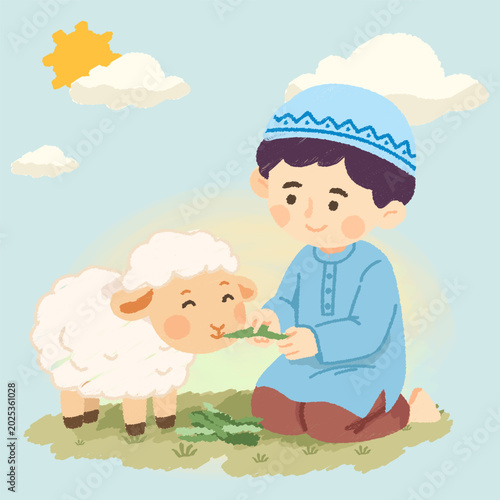 Happy Muslim boy feeding fresh grass to a cute sheep, Qurban illustration
