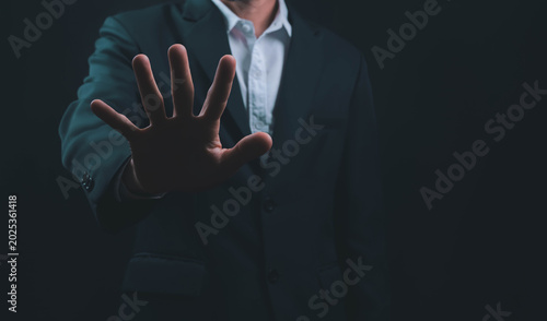 person's hand showing palm gestures stop, concept violence, warning, refuse, defense, caution. the hand sign of men a stop