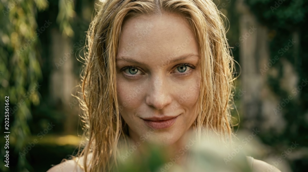Naklejka premium Close-up portrait of a young woman with blonde hair and blue eyes smiling