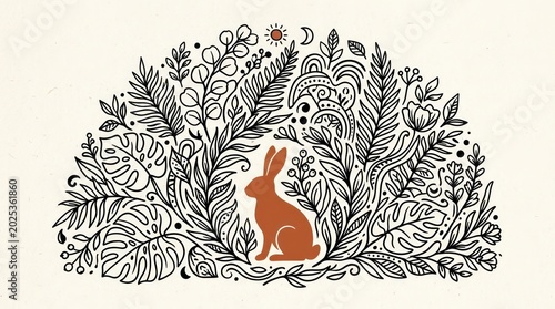 Whimsical Rabbit Silhouette Amidst Lush Botanical Illustration