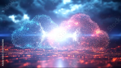 Vibrant digital clouds with electric connection above city