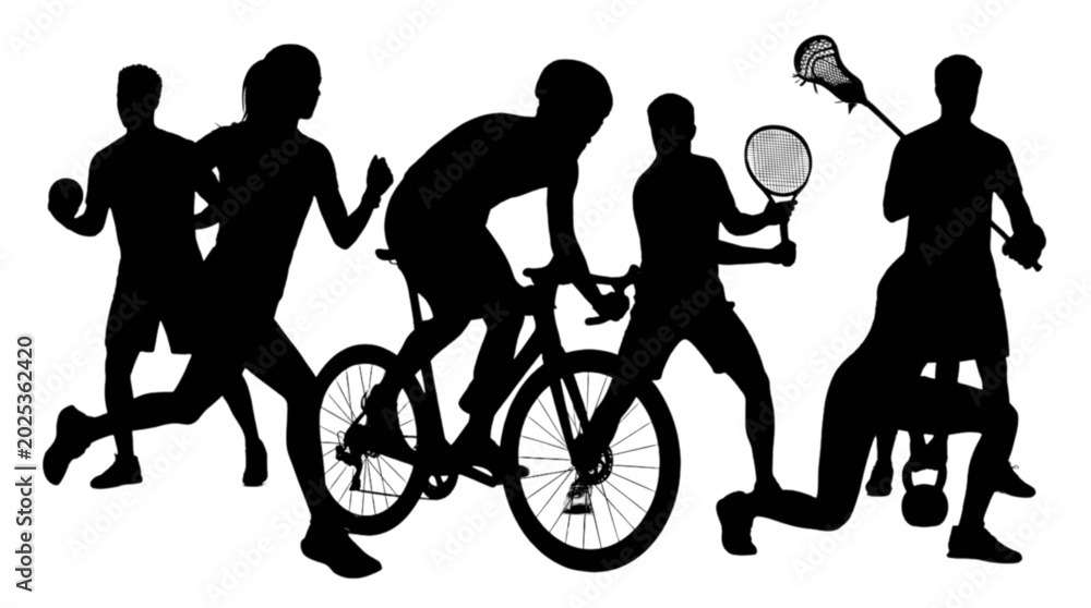 Obraz premium Black silhouettes of people running cycling and playing sports isolated on transparent background, Vector