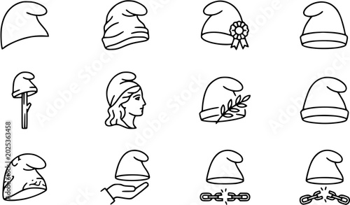 Fotografi Black and White Line Art Icons of Smurf Hats for Fantasy Characters, Storytellin