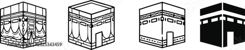 Foto Set of Kaaba icons in Mecca featuring black and white line art and silhouette styles for Islamic pilgrimage designs