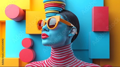 Vibrant fashion portrait of a model with colorful accessories against geometric background
