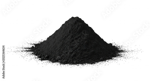 A conical pile of fine black powder or charcoal dust isolated on a solid black background, texture of granular