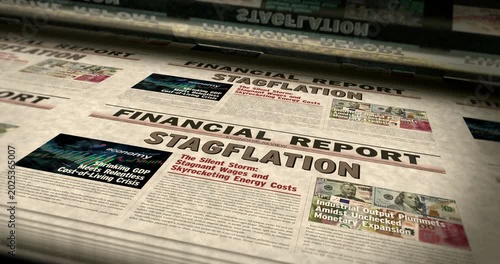 Stagflation crisis breaking news vintage print machine. Inflation and recession title headline newspaper printing house. Information paper media looped animation.