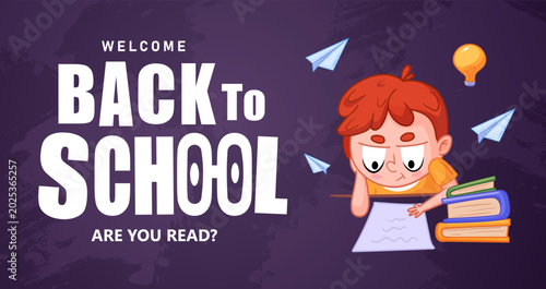 Back to school banner with tired cartoon boy doing homework with books and paper airplanes. Educational poster for school enrollment, classroom promotion and academic advertising