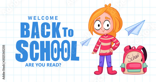 Back to school banner with cute cartoon girl, backpack and paper airplanes on notebook grid background. Educational poster for student enrollment, classroom promotion and school advertising
