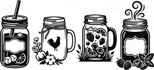 High-resolution black and white vector illustrations of rustic mason jars with diverse contents and charming designs.
