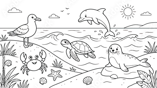 Photography Ocean animals coloring page vector, sea life outline illustration with dolphin,
