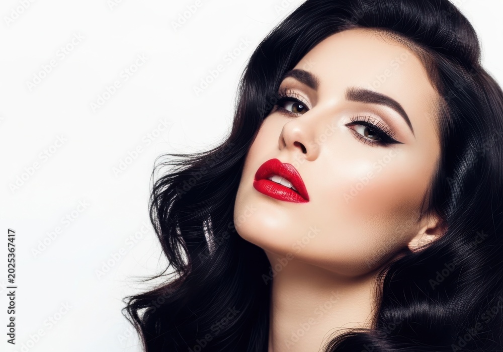 Fototapeta premium Young Woman With Red Lipstick Looking Up In Studio Portrait