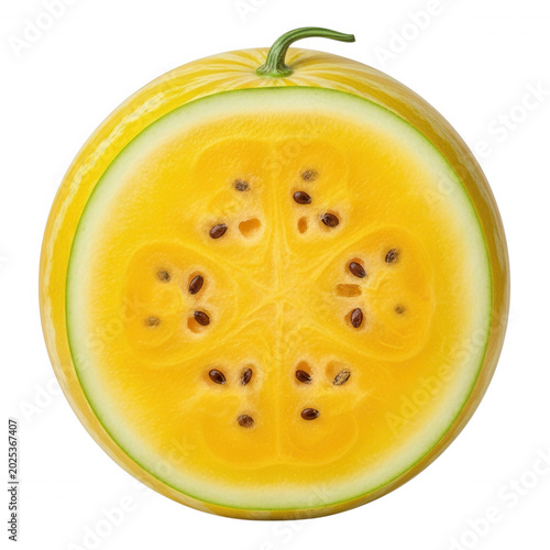 A cross-section of a round yellow watermelon showing bright golden flesh, small dark seeds, and a light green rind against a black background