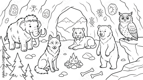 Canvas Print Prehistoric ice age animals coloring page vector, stone age cave dwelling with m
