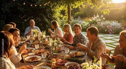 A group of happy people enjoy an outdoor dinner party in a beautiful garden during golden hour. They sit around a long table filled with food and drinks, surrounded by blooming flowers.