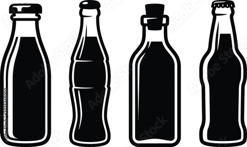 Bild auf Leinwand Four different types of beverage bottles with various caps in a neat, minimalist, black and white vector technique