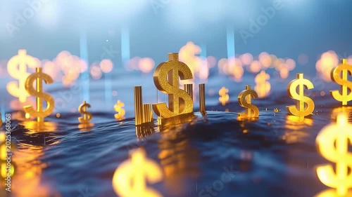 Golden Dollar Signs Adrift: Gleaming golden dollar signs float on a turbulent blue sea, symbolizing financial flux and economic uncertainty in a modern world.