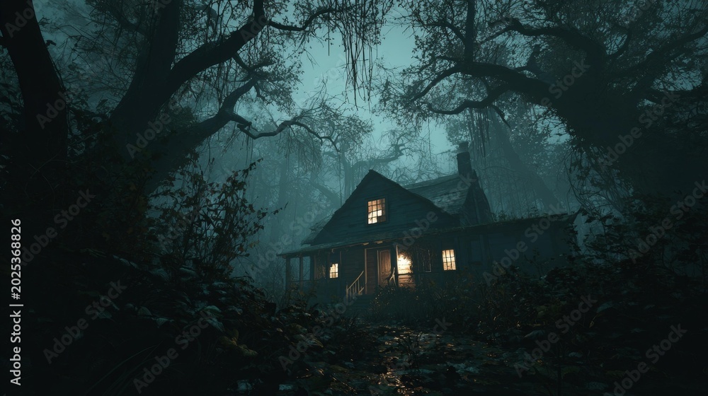 Obraz premium An old, rustic wooden house is shrouded in dense fog and surrounded by dark, mysterious forest trees.