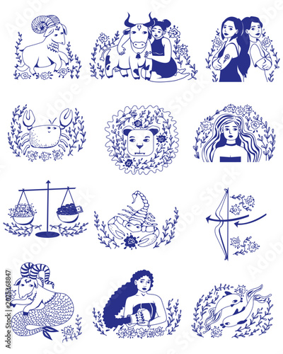 Zodiac signs set. Astrology horoscope icons. Aries, Gemini, Taurus, Cancer, Leo, Virgo, Libra, Scorpio, Aquarius and Pisces. Women, Ornament of plants and roses. Black-and-white. Vector
