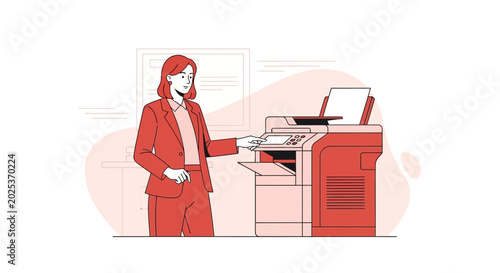 Businesswoman operating a modern office copier for printing.