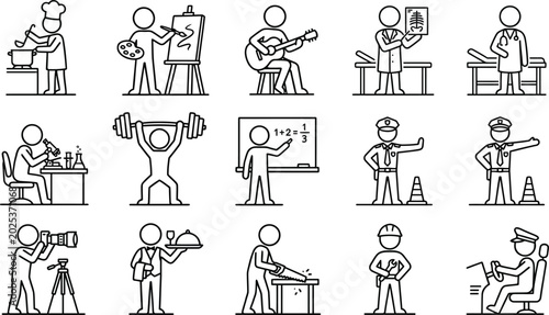 Premium Stickman Profession Set with Waiter Teacher and Police Officer