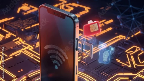 A smartphone displays wireless connection symbols while interacting with sim cards and digital elements in a tech setup.