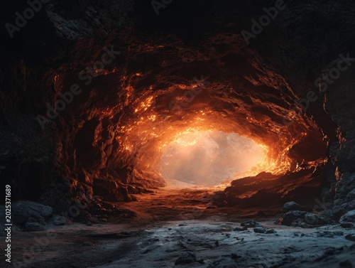 Intense orange light streams through a dark rock tunnel, creating a dramatic and warm atmosphere of heat and mystery.