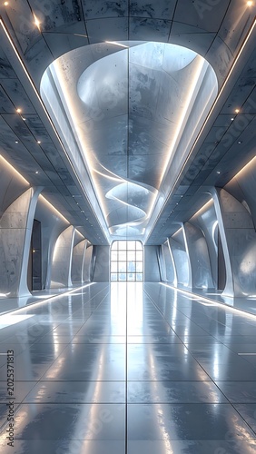 Modern architectural interior design futuristic style with bright lights and abstract shapes