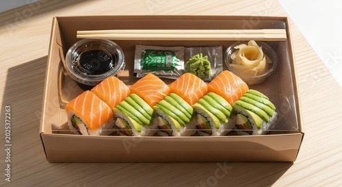 Boxed sushi rolls with chopsticks and condiments for takeaway service