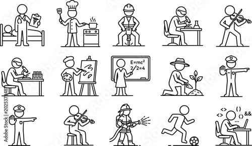 Stickman Profession Icon Set Featuring Chef Cooking Teacher and Artist