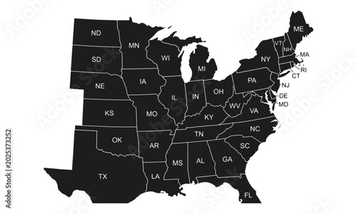 Foto United States East and Central Map with State Abbreviations