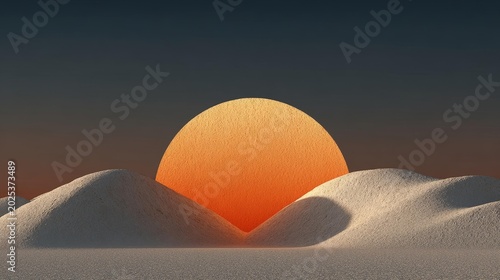 A vibrant orange sun illuminates soft, rolling sand dunes at sunset, creating warm shadows and a serene landscape.