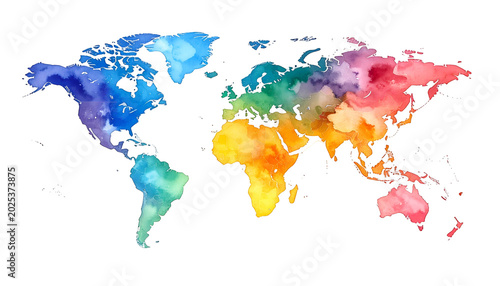 A vibrant, colorful artistic depiction of the Earth, rendered as a watercolor painting, showcasing continents in a spectrum of hues