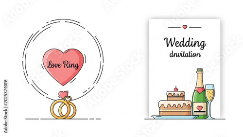 Bild auf Leinwand Wedding invitation card with love ring and champagne bottle on table