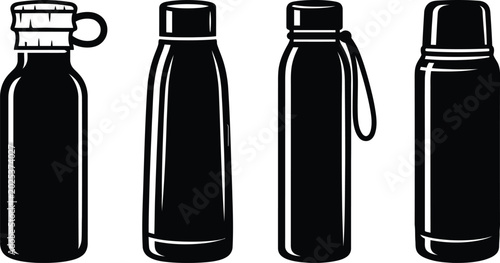 Canvastavla Diverse assortment of black water bottles and thermoses, a neat vector sketch on white setting, high resolution