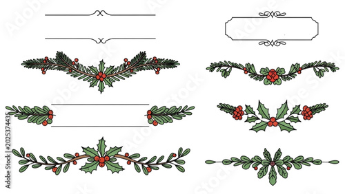 Tableau sur toile Holiday decorations with green leaves and red berries adorn frames