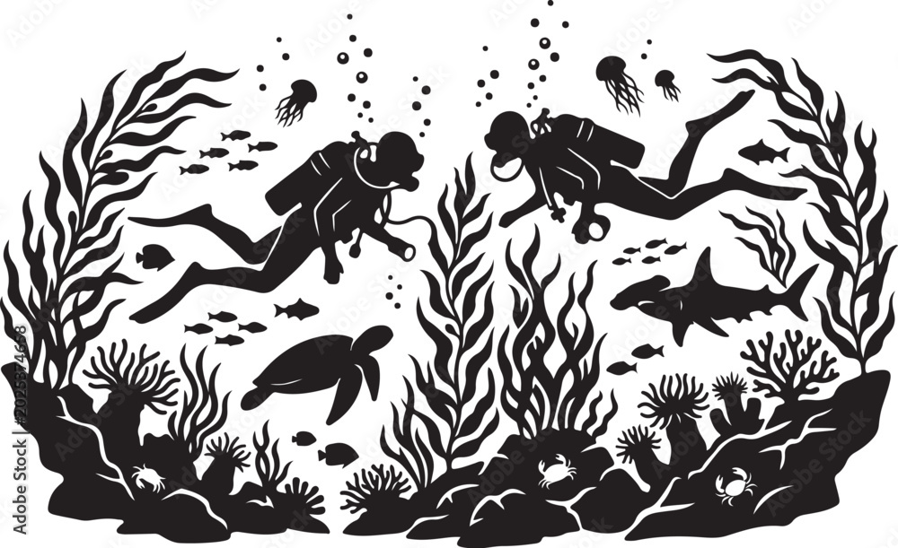 Obraz premium scuba divers, underwater scene, black silhouette, ocean life, sea creatures, vector illustration