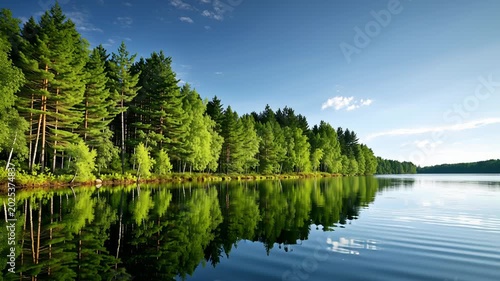 Slow motion pan of forest shoreline reflecting on calm lake in midday summer countryside