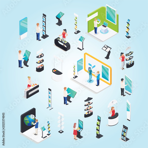 modern exhibition promotion stands set isometric images with various racks cabinets with interactive trade show 3d rendering retail promotional contemporary
