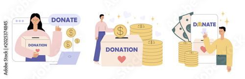 Donation concept set with people, donation box and coin stack. Online donate web UI, mobile app and charity fundraising support. Flat vector illustration