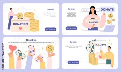 Donation concept with people, donation box and coin stack. Fundraising web banner set with online donate UI, smartphone app and charity financial contribution. Flat vector illustration