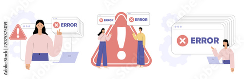 Konstfotografi Error concept set with people, warning triangle and error message screen