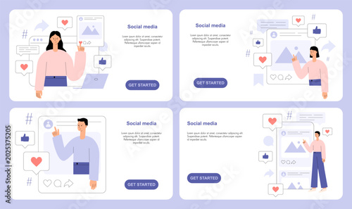 Social media concept with people, post feed and reaction icons. Web banner set with like, comment, share, hashtag, smartphone app feed and social network interface. Flat vector illustration