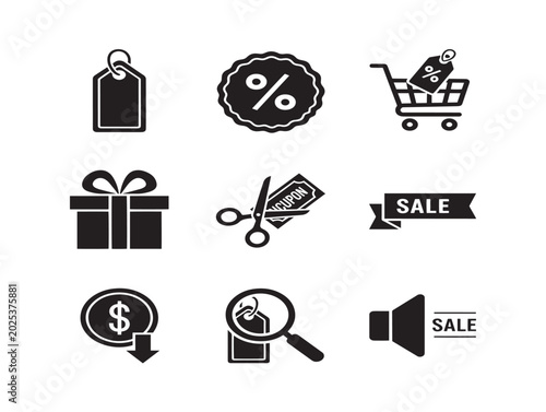 Sale shopping discount symbols vector line illustration with icons and tags